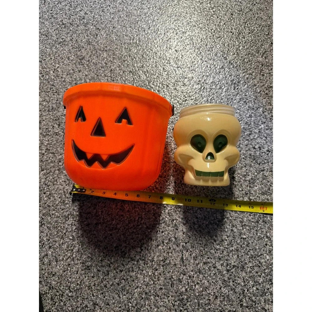 Vintage Halloween Pumpkin Blow Mold Bucket and Skull Candy Container Set